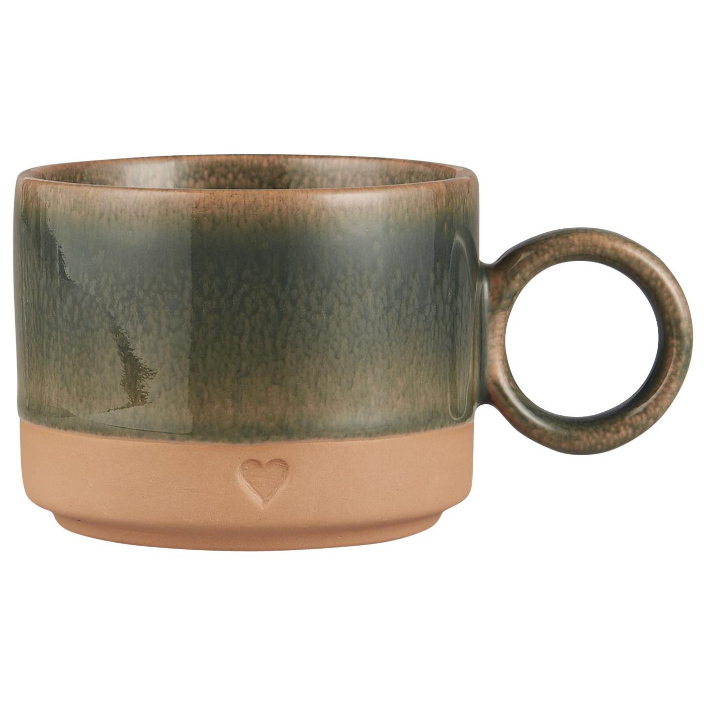 Tasse m/Henkel Heart mattbrauner Ton m/grüner Kante