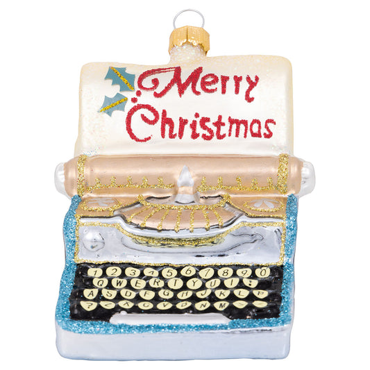 Ornament glass Typewriter Merry Xmas pale blue